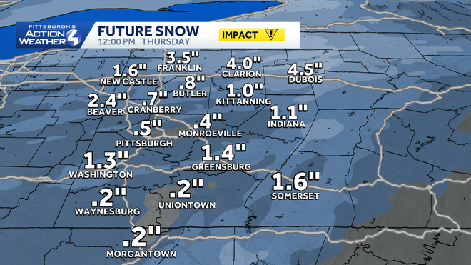 Most locations will see less than one inch from snow Wednesday into Thursday.