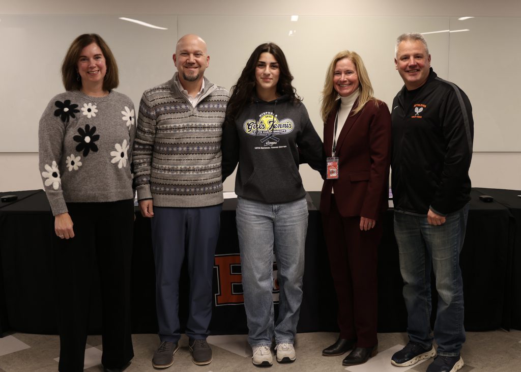 Image of BOE President Holly Dellenbaugh, coaches Tom Begley and David Clay, Elizabeth Amirbekian and Superintendent Jody Monroe
