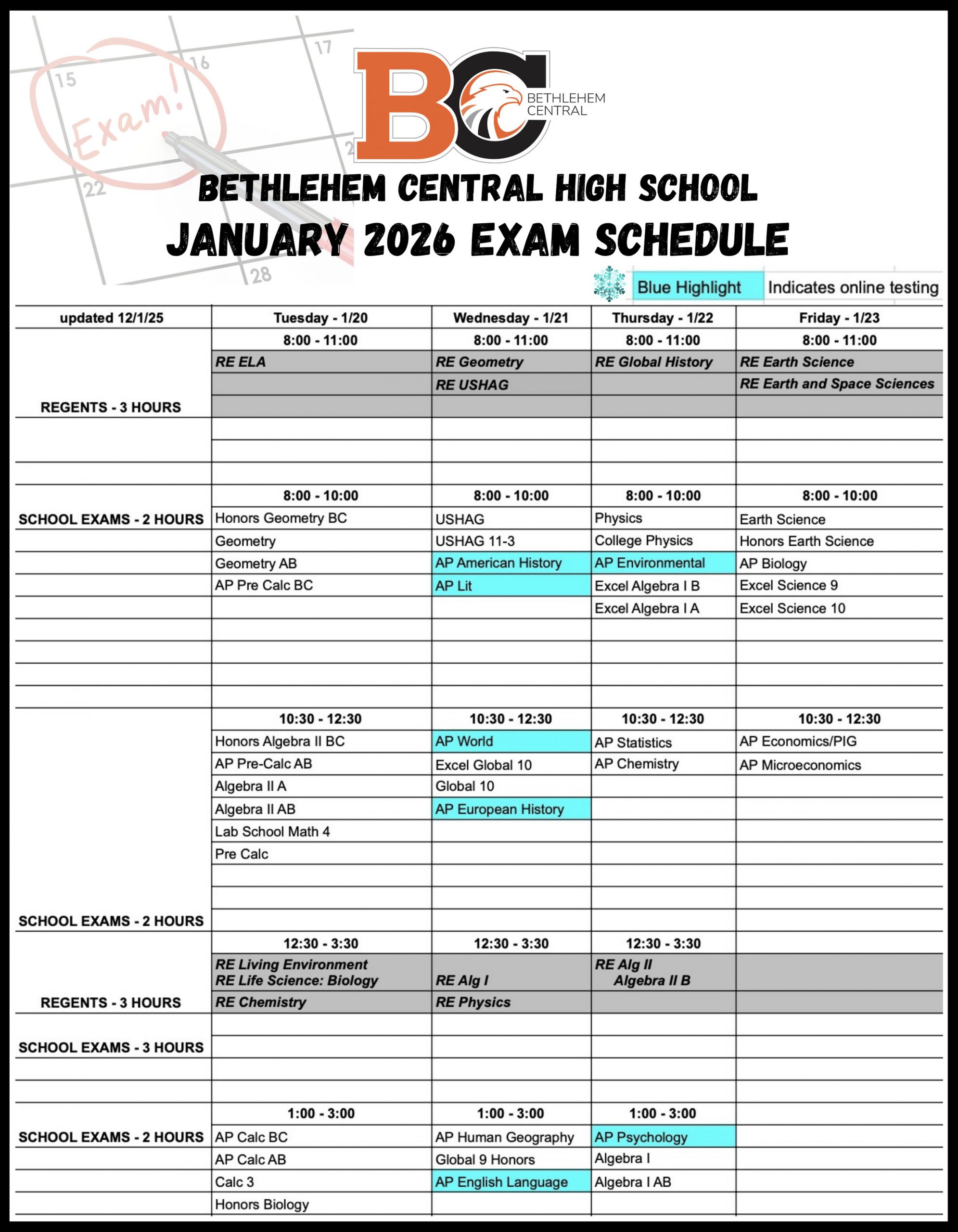 Image of BCHS January 2026 Exam Schedule