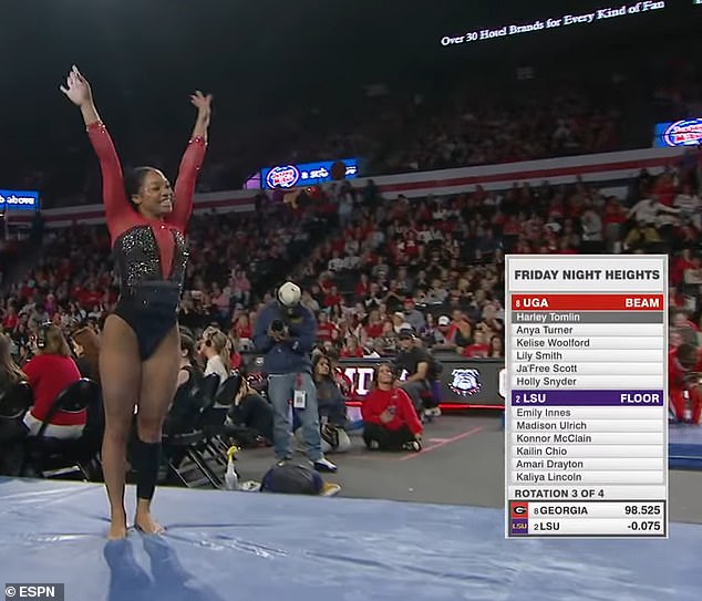 Harley Tomlin is pictured before her floor exercise routine in Friday's meet against LSU
