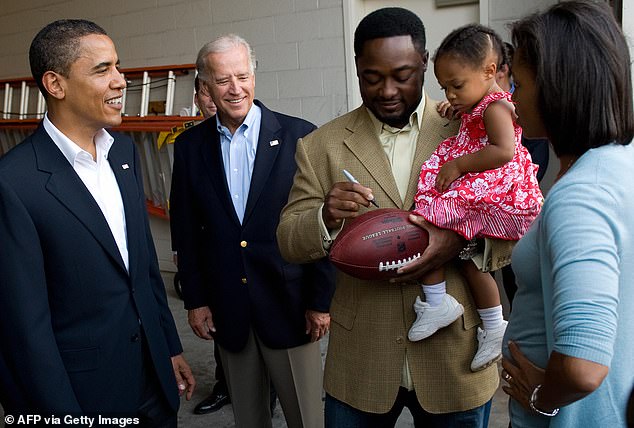 Mike Tomlin is pictured with his daughter Harley as they met then-Democratic Presidential Candidate Senator Barack Obama, his wife, Michelle, and vice presidential nominee Joe Biden