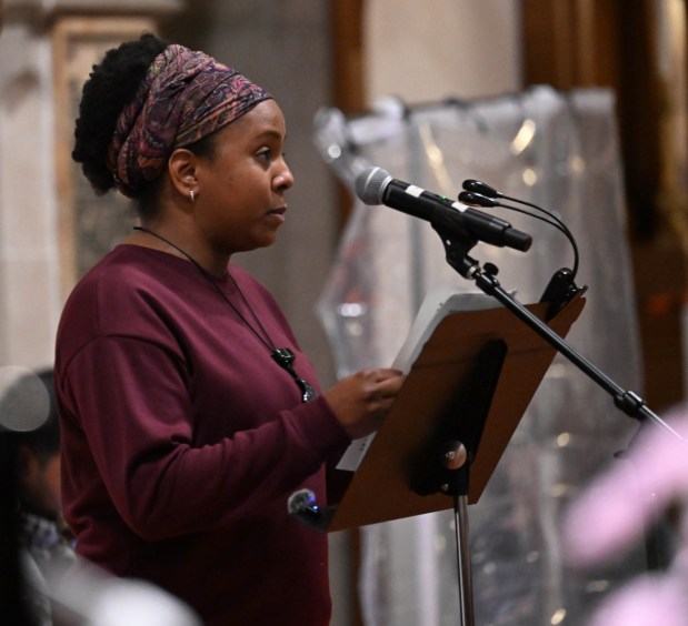 Elias Gautier speaks during a vigil for Renee Nicole Good, the woman shot and killed by a federal immigration agent in Minneapolis, on Friday, Jan. 9, 2026, at the Cathedral Church of the Nativity in Bethlehem. (Amy Shortell/The Morning Call)