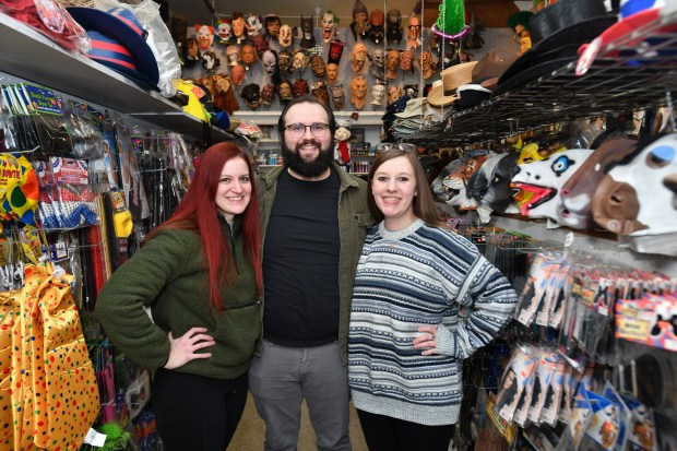 Business partners Allison Engle, Spencer Shotto, and Ashley Nole pose for a photograph in Taney's Costume Shop in Scranton Monday, January 19, 2026. (SEAN MCKEAG / STAFF PHOTOGRAPHER)