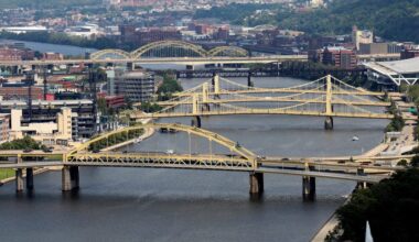 Cold winter temperatures cause water to freeze over at Pittsburgh river