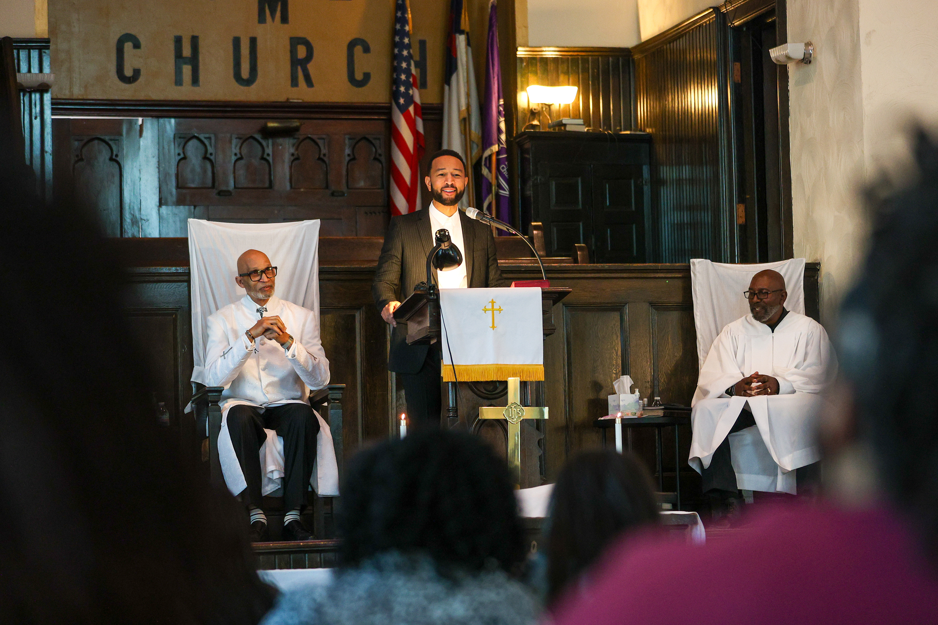 John Legend speaks during Sunday worship at Bethel AME Church...