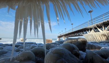 Winter ice formations along the shore of Lake Erie, January 21, 2026