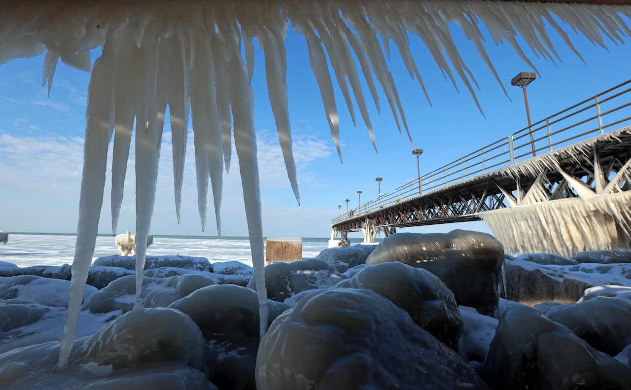 Winter ice formations along the shore of Lake Erie, January 21, 2026