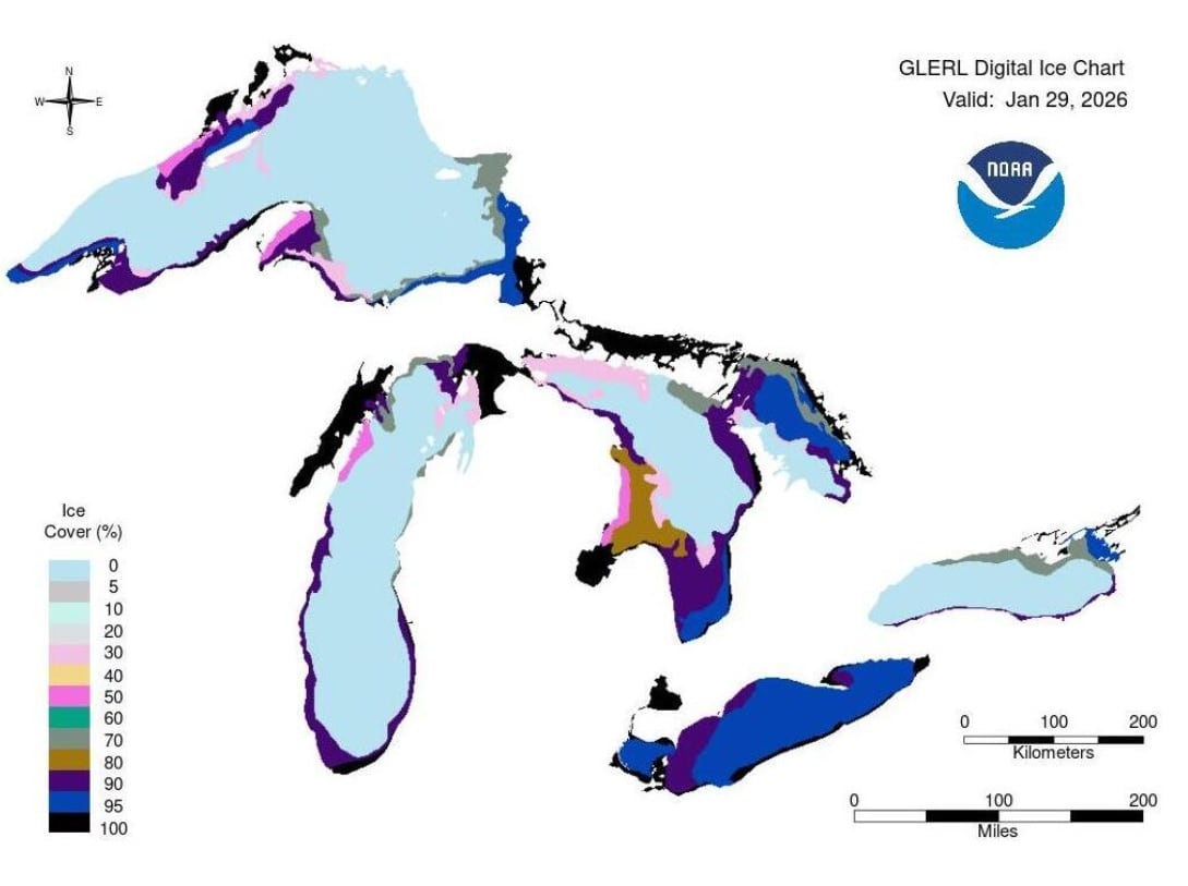 NOAA data of ice coverage across the Great Lakes via the Great Lakes Environmental Research Laboratory.