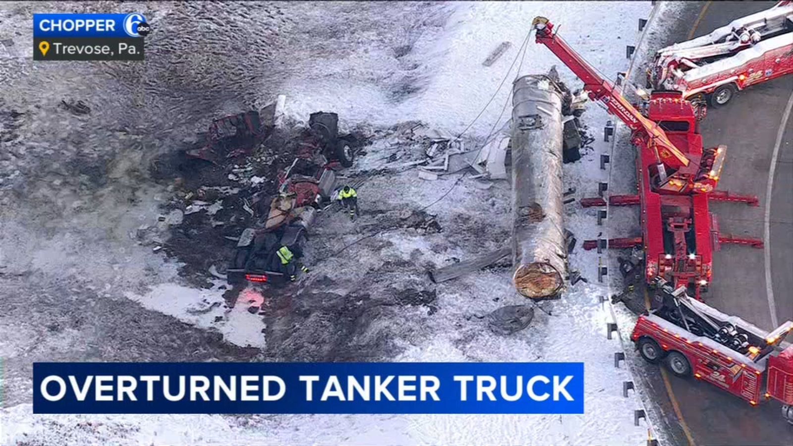 Tanker truck overturns, rolls over down embankment off ramp to Rt. 1 from I-276 E in Trevose, Pennsylvania