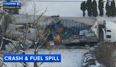 Truck overturns in Perkasie, Pennsylvania, spilling fuel and aluminum
