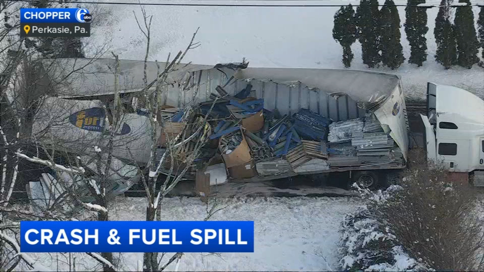 Truck overturns in Perkasie, Pennsylvania, spilling fuel and aluminum