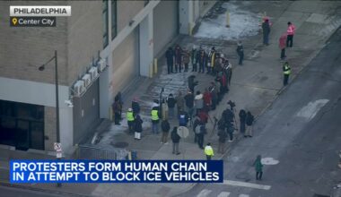 Protesters from No ICE Philly form human blockade outside ICE office in Center City Philadelphia