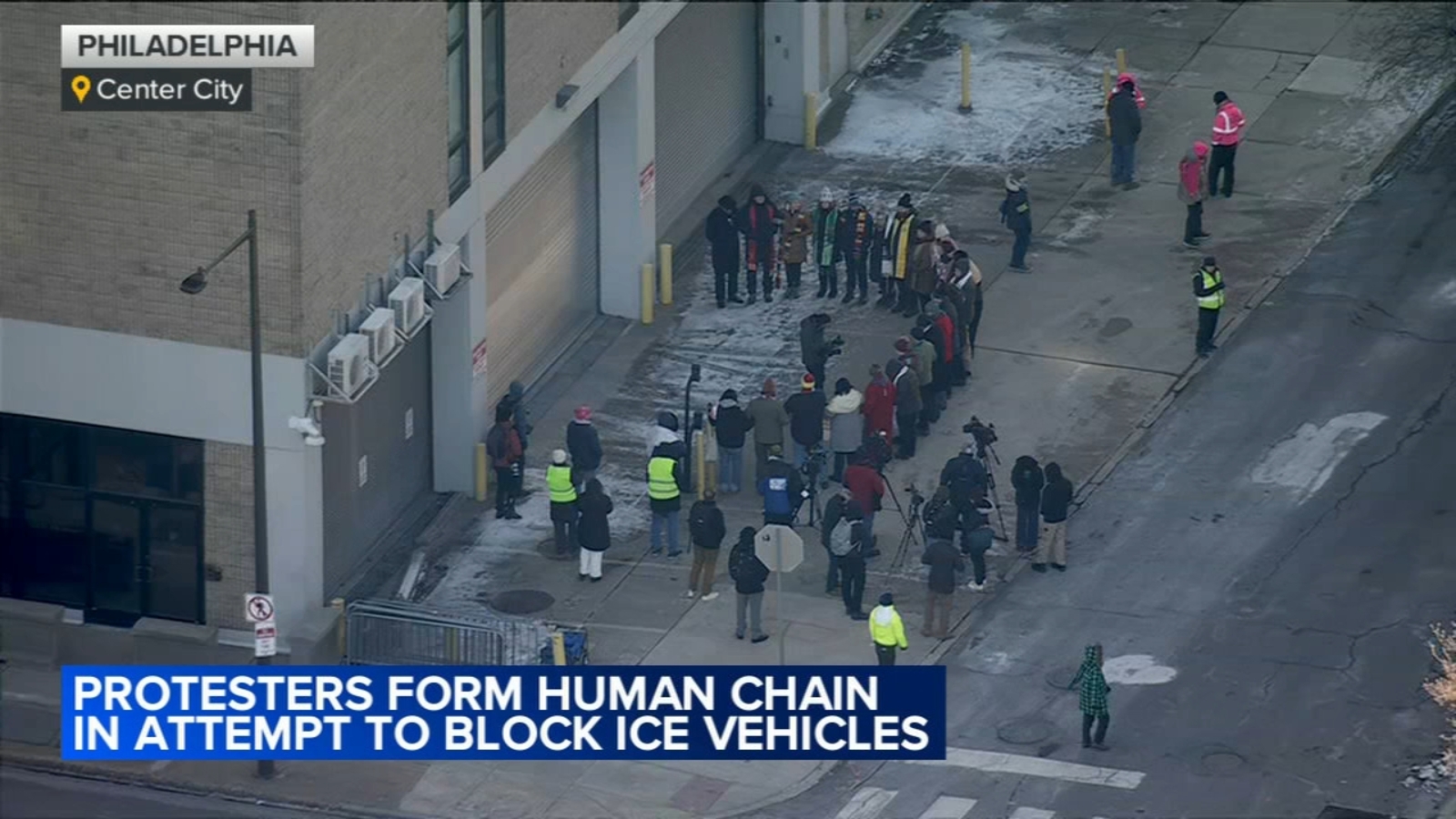 Protesters from No ICE Philly form human blockade outside ICE office in Center City Philadelphia