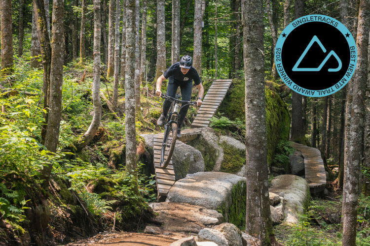 A mountain biker rides over a wooden bridge on a trail surrounded by dense trees and lush greenery in a forested area. The image includes a logo indicating it is a winner of the "Best New Trail" award from Singletracks for 2025.