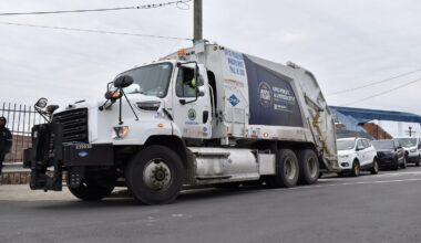 A sanitation truck is stationed in Kensington for the announcement of the expanded twice-a-week trash collection program Monday, Jan. 5, 2026.