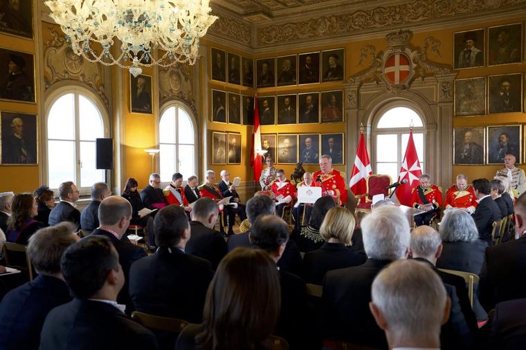 Grand Master Fra’ John Dunlap addresses the diplomatic corps accredited to the Sovereign Military Order of Malta at the Magistral Villa on Rome’s Aventine Hill on Saturday, Jan. 10, 2026.