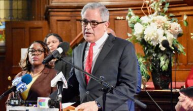 District Attorney Larry Krasner speaks about efforts to counter ICE during a news conference Wednesday, Jan. 14, 2026, at Salt and Light Church in Kingsessing.