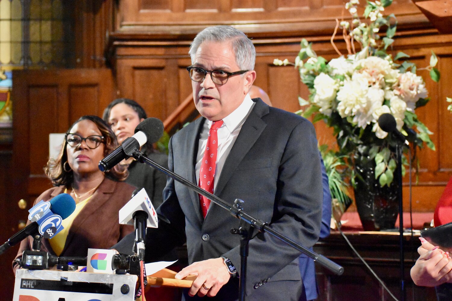 District Attorney Larry Krasner speaks about efforts to counter ICE during a news conference Wednesday, Jan. 14, 2026, at Salt and Light Church in Kingsessing.