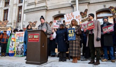 The Rev. Thomas M. Higgins, of Holy Innocents Parish, speaks at an event announcing the introduction of the "ICE Out" legislation Tuesday, Jan. 27, outside City Hall.