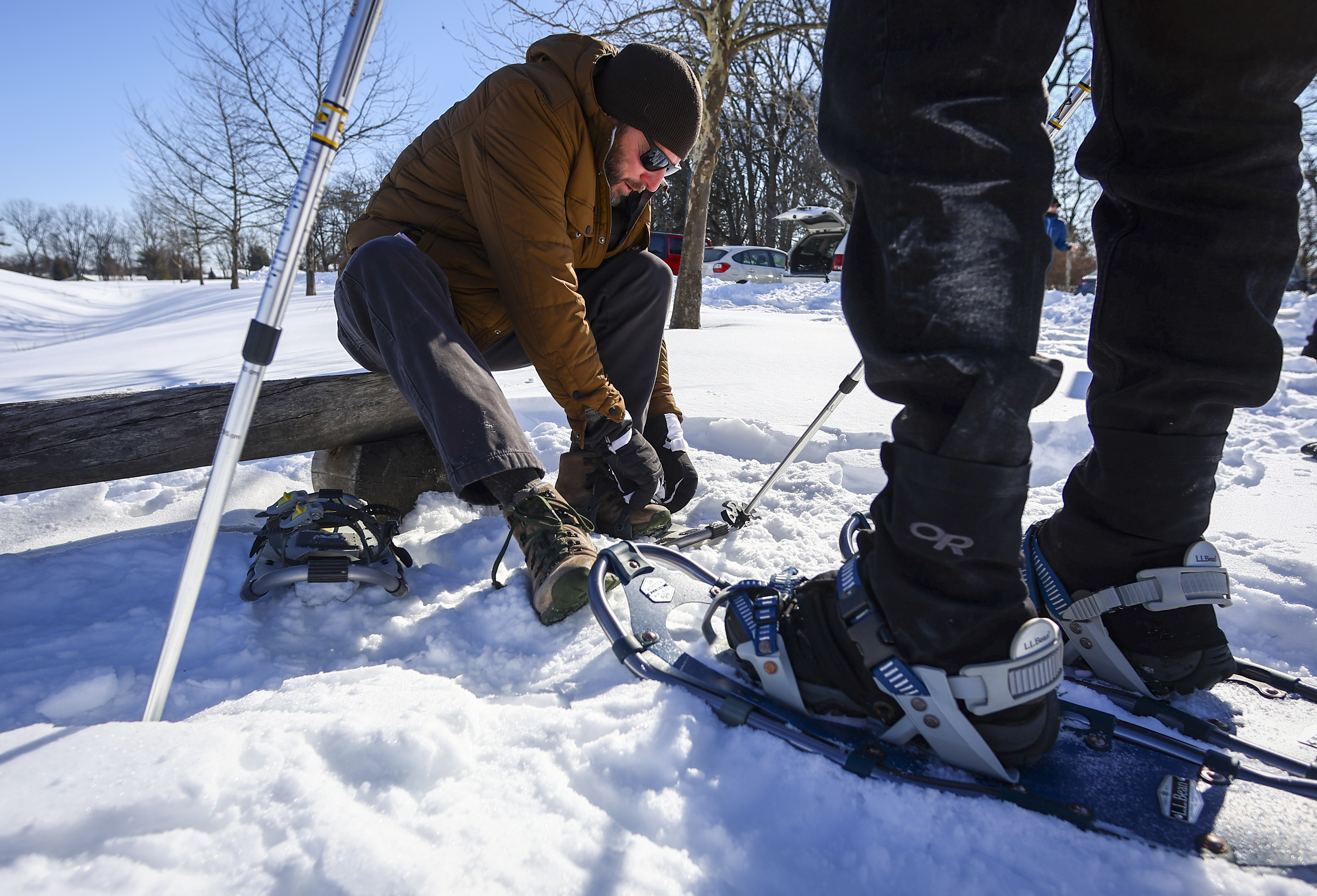 Lehighvalleylive.com reporter Kurt Bresswein puts on his snowshoes before joining the Wildlands Conservancy in a Winter Wildlife Snowshoe excursion Wednesday, Jan. 28, 2026, through Janet Johnston Housenick and William D. Housenick Memorial Park and Archibald Johnston Conservation Area in Bethlehem Township.