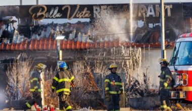 Philadelphia firefighters work at Bella Vista Restaurant, on Whitaker Avenue near Hunting Park Avenue in Philadelphia, Friday, Jan. 16, 2026.