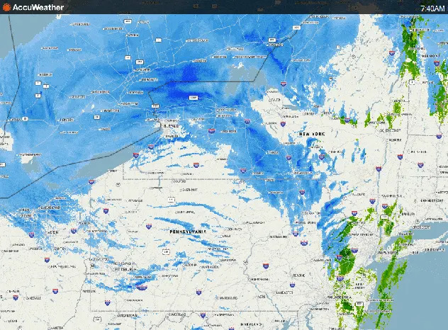 A radar loop shows snow moving across Pennsylvania and New York on Thursday.