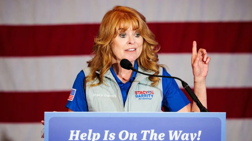 Pennsylvania State Treasurer and Republican gubernatorial candidate Stacy Garrity speaks during her "Help Is On The Way Tour" in Newtown, Pennsylvania, on September 25, 2025. - Hannah Beier/Reuters