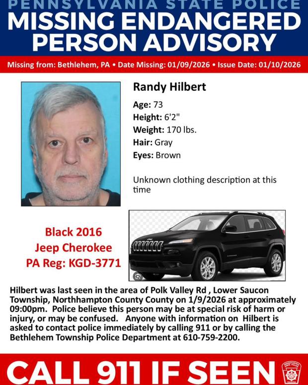 State police have issued a missing endangered person advisory for a 73-year-old Bethlehem area man. Randy Hilbert is described as 6-feet, 2-inches and 170 pounds with gray hair and brown eyes. (Courtesy Bethlehem Township Police)