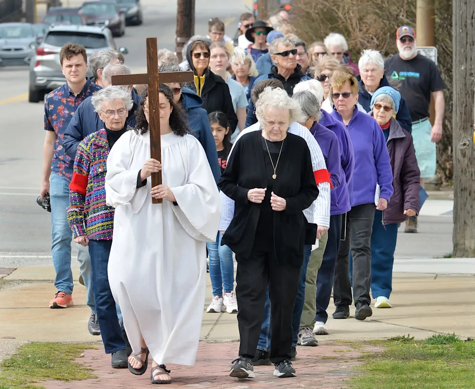 The Benedictines for Peace Good Friday Pilgrimage for Peace through downtown Erie on April 18, 2025. On Jan. 9, 2026, the Benedictines for Peace will be organizing a community vigil to show solidarity to immigrants, migrants and refugees.