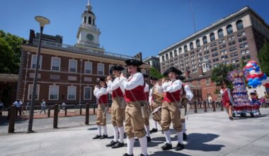 Members of the Central York Middle School Colonial Fife and Drum Corps participate in the Red, White, & Blue To-Do Pomp & Parade at in front of Independence Hall, in Philadelphia, July 2, 2024.
