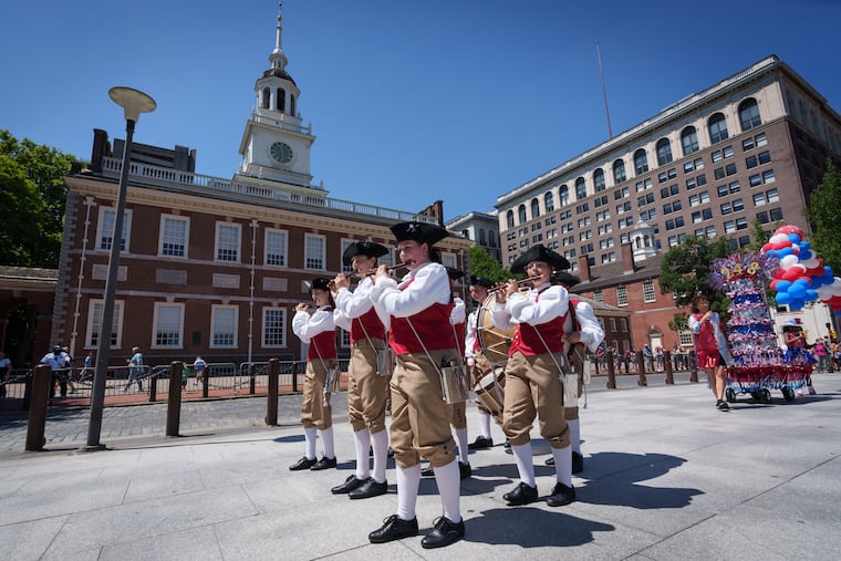 Members of the Central York Middle School Colonial Fife and Drum Corps participate in the Red, White, & Blue To-Do Pomp & Parade at in front of Independence Hall, in Philadelphia, July 2, 2024.