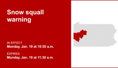 Update: Snow squall warning in place for part of Pennsylvania Monday midday – gusts could peak at 35 mph