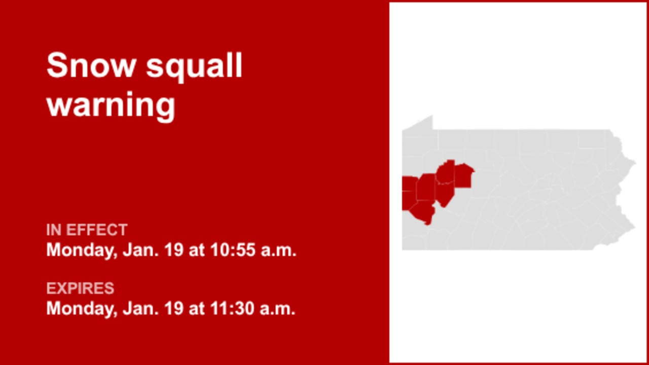Update: Snow squall warning in place for part of Pennsylvania Monday midday – gusts could peak at 35 mph