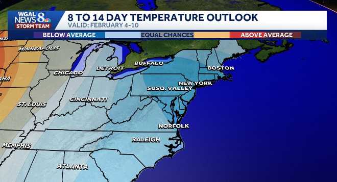 Eight-to-14-day temperature outlook for the Mid-Atlantic and Northeast.