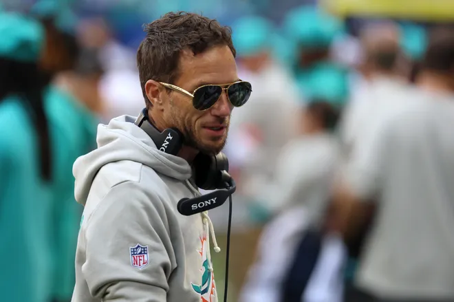 Sep 7, 2025; Indianapolis, Indiana, USA; Miami Dolphins head coach Mike McDaniel before a game against the Indianapolis Colts at Lucas Oil Stadium. Mandatory Credit: Trevor Ruszkowski-Imagn Images