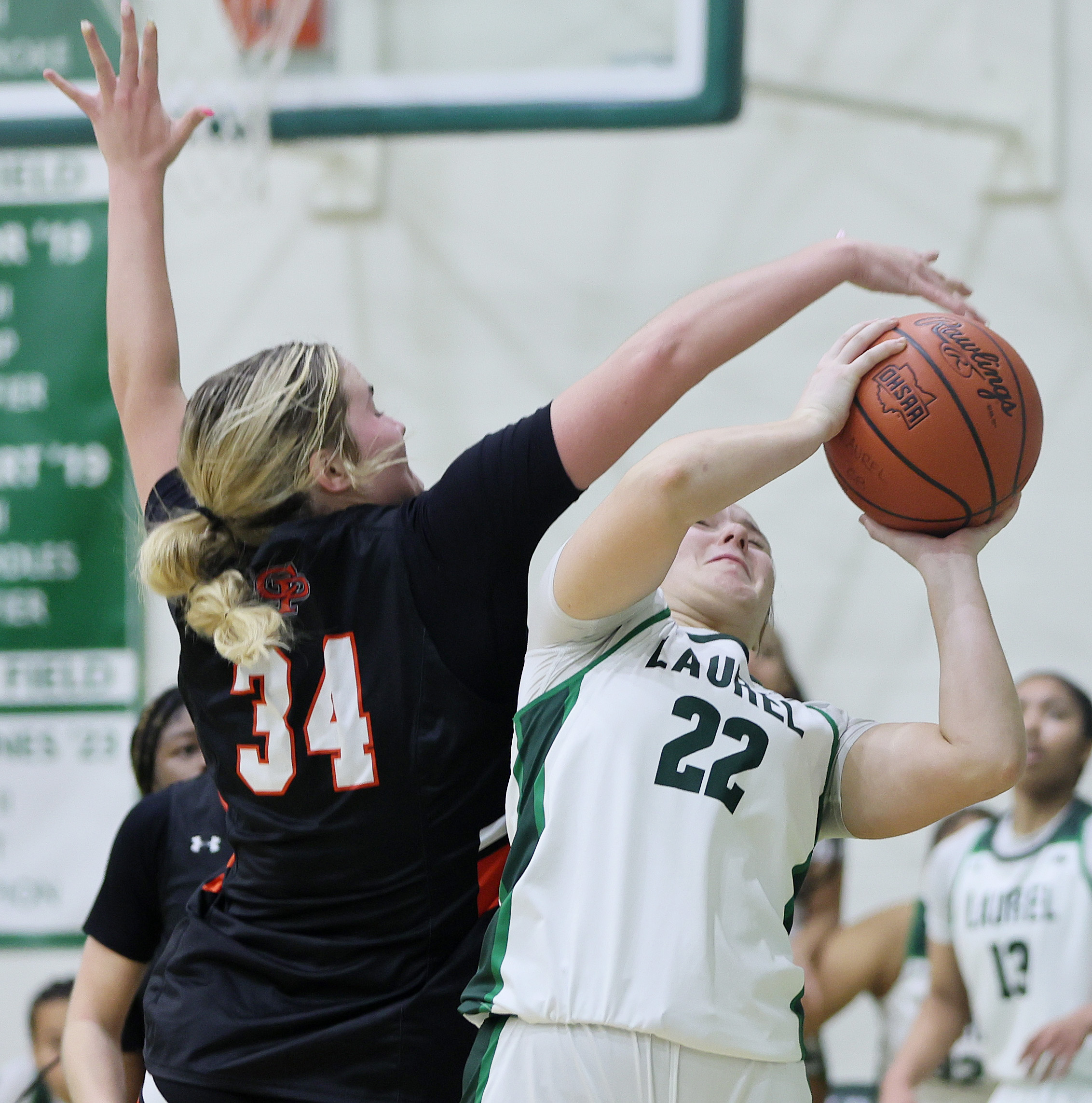 Laurel's Jordyn Meyer has her shot attempt blocked by Cathedral Prep's Mady Brzezinski in the second half. 