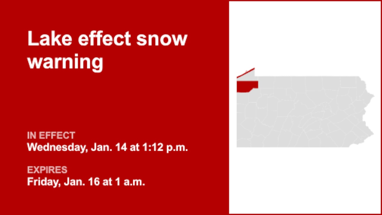 Northern Erie and Crawford County placed under a lake effect snow warning until 1 a.m. Friday
