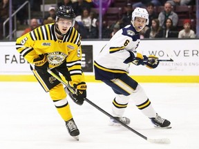 Sarnia Sting's Mitch Young (5) manoeuvres past Erie Otters' Julius Saari (6) at Progressive Auto Sales Arena in Sarnia, Ont., on Friday, Jan. 9, 2026. Mark Malone/Chatham Daily News/Postmedia Network