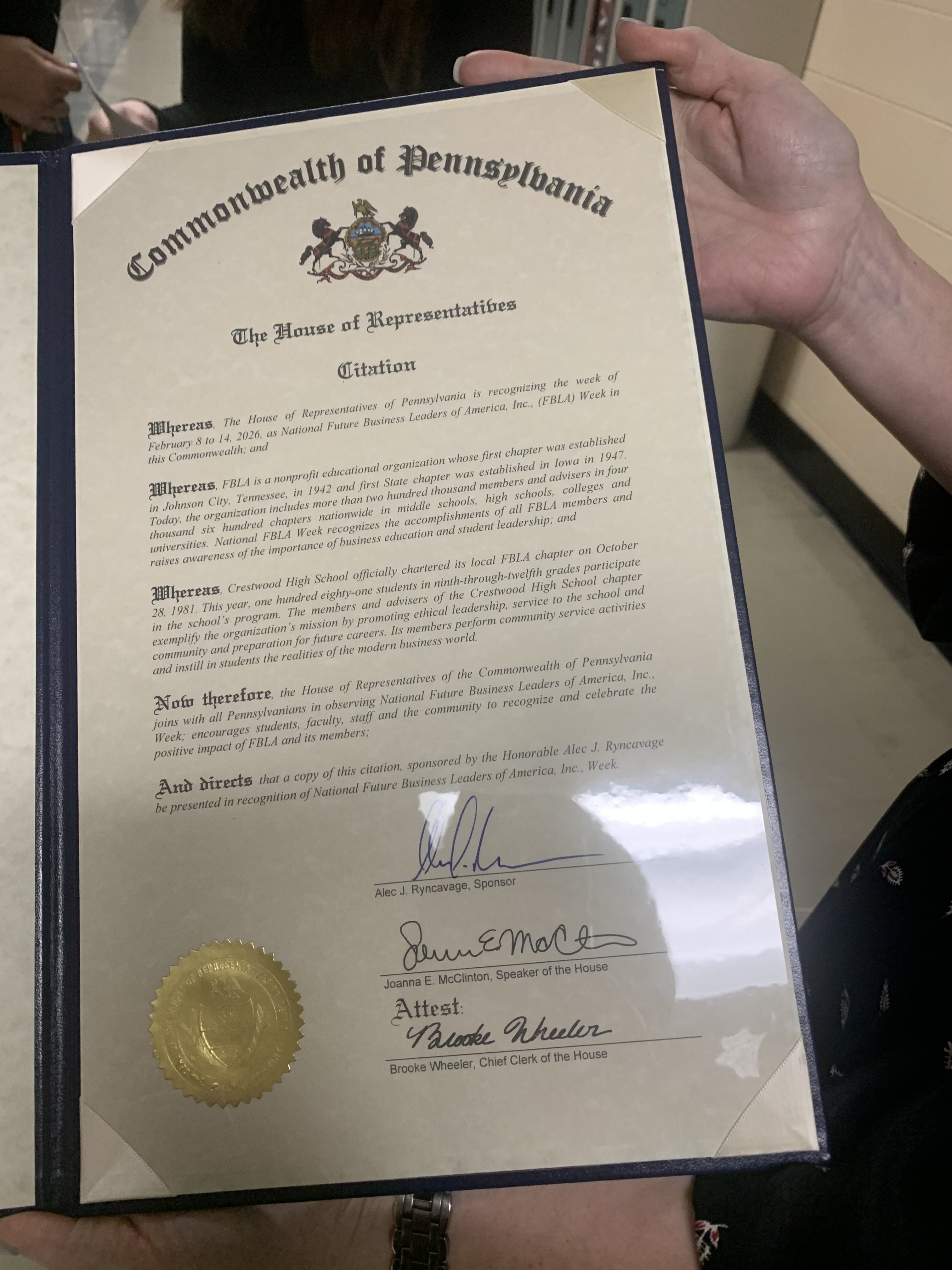 State House citation from Rep. Alec Ryncavage, R-119, Hanover Twp.,...