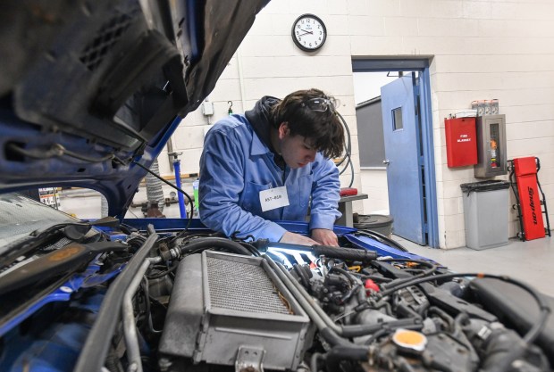 Delaware Valley student Shawn Havens works on an engine during the District 1 SkillsUSA Regional Competition held at Luzerne County Community College in Nanticoke Thursday, January 8, 2026. (SEAN MCKEAG / STAFF PHOTOGRAPHER)