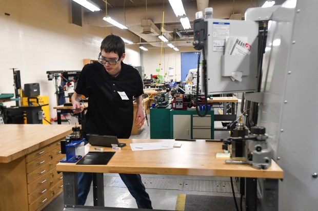 Hazleton Area Career Center student Zachary Niznek works in the machine shop during the District 1 SkillsUSA Regional Competition held at Luzerne County Community College in Nanticoke Thursday, January 8, 2026. (SEAN MCKEAG / STAFF PHOTOGRAPHER)