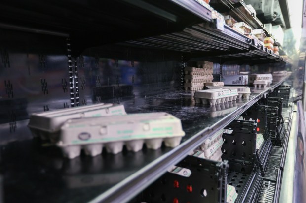 The egg section appears more empty than usual at Walmart in Wilkes-Barre Twp. on Saturday, Jan. 24, 2026. (JASON ARDAN / STAFF PHOTOGRAPHER)