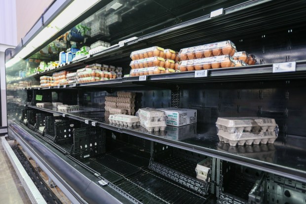 The egg section appears more empty than usual at Walmart in Wilkes-Barre Twp. on Saturday, Jan. 24, 2026. (JASON ARDAN / STAFF PHOTOGRAPHER)