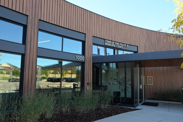 The Erie Police and Municipal Courts Building in September. Construction began this week for an expansion of the facility. (Photo by Cliff Grassmick/Staff Photographer)