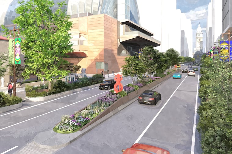 Both the median strip and sidewalks on South Broad Street will hold landscaping and art under a new streetscape planned to eventually stretch from City Hall south to Washington Avenue. The first phase, from Spruce to Pine Streets, is pictured in this rendering.