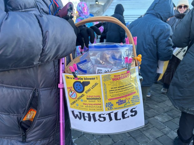 Whistles were given away Friday out in front of the Upper Darby Township building. Anti-ICE activists in Minneapolis use whistles when they see ICE agents conducting enforcement efforts. (PETE BANNAN-DAILY TIMES)