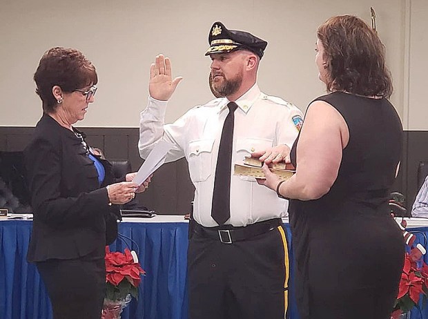 Collingdale Mayor Donna Matteo-Spadea swears in Police Chief Patrick Kilroy in December 2023. The borough-born chief's tenure would last barely six months before he was demoted with a power shift on council, and now he's left for greener pastures. (COURTESY PHOTO)
