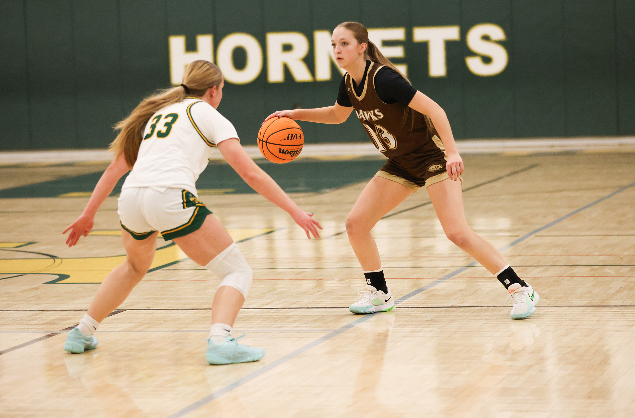 Emmaus player Sierra Stevens (33) defends Bethlehem Catholic’s Kendall Nickischer (13) during a game at Emmaus on Jan. 12, 2026.