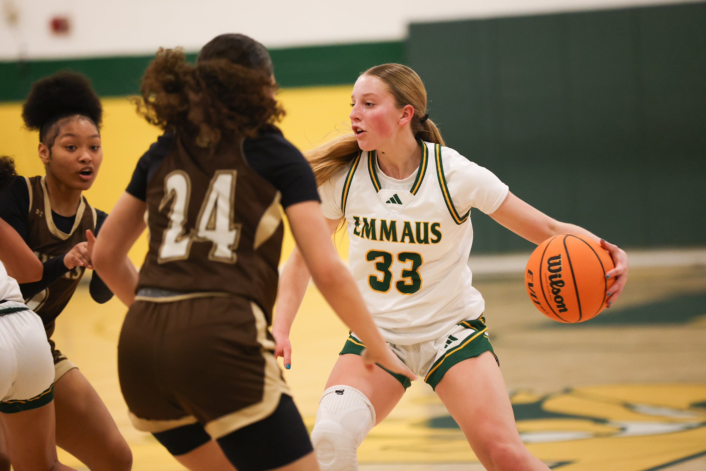 Emmaus player Sierra Stevens (33) tries to get the ball past Bethlehem Catholic's Laura Lewis (24) during a game at Emmaus on Jan. 12, 2026.