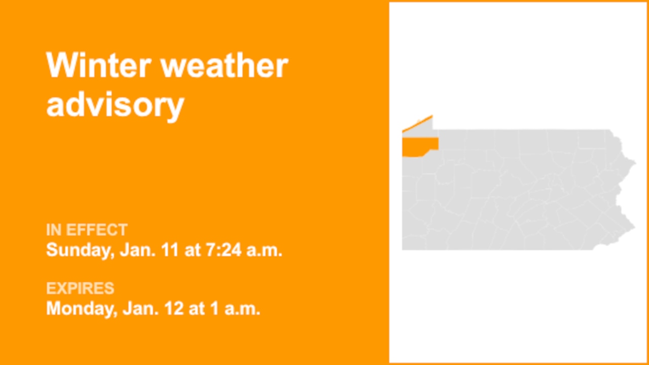 Winter weather advisory affecting Northern Erie and Crawford County until 1 a.m. Monday